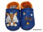 Preview: Lederpuschen jeansblau-orange, rechts Fuchs sitzt braun-weiß, links Namen braun 3 kleinen Sternen hellbraun-weiß-orange